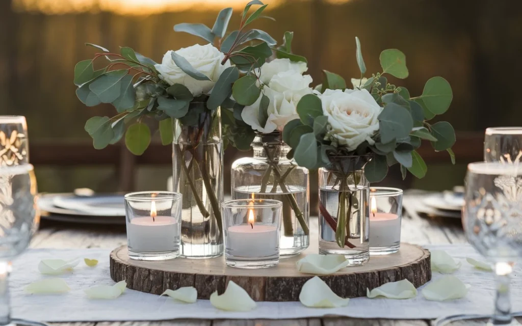 Centre de table mariage champêtre vases eucalyptus bougies