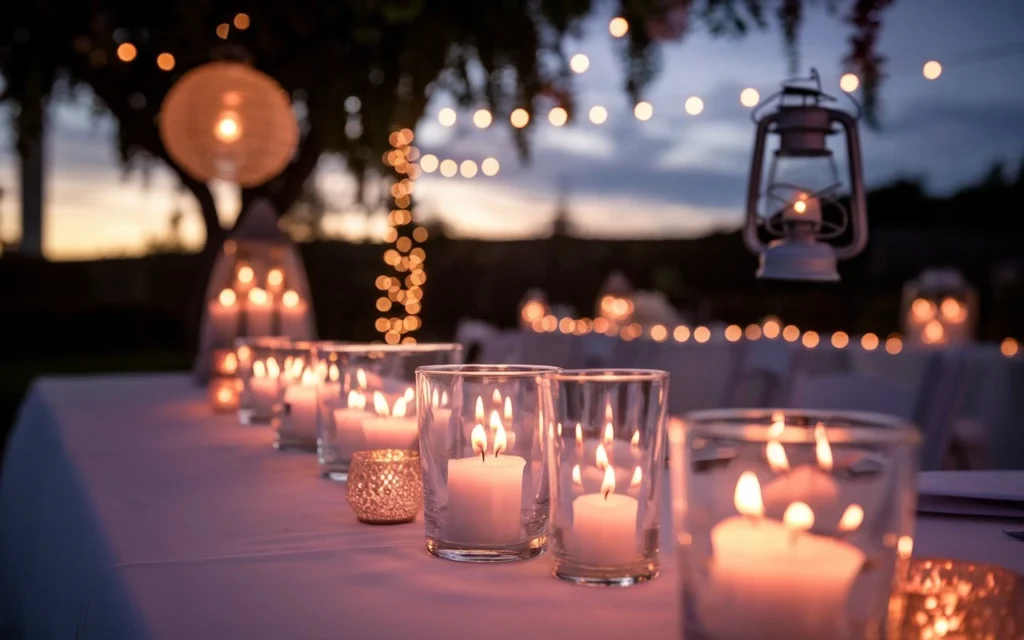 Éclairage romantique photophores bougies mariage en extérieur