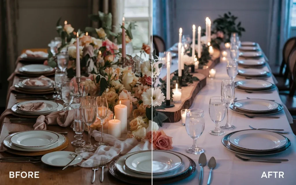 Exemple table mariage surchargée vs table élégante champêtre