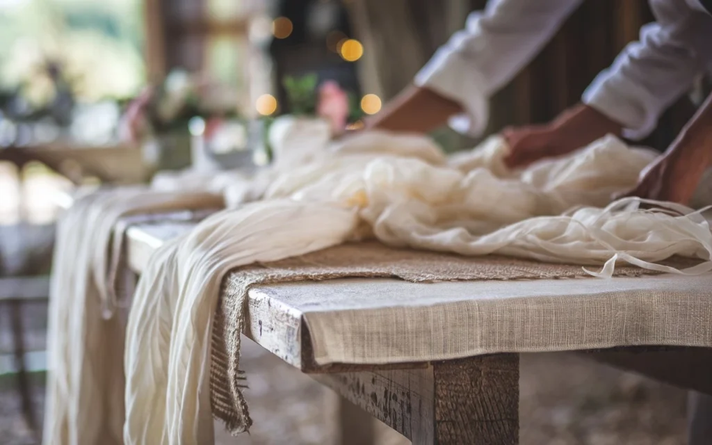 Nappe lin naturel avec chemin de table jute pour mariage champêtre