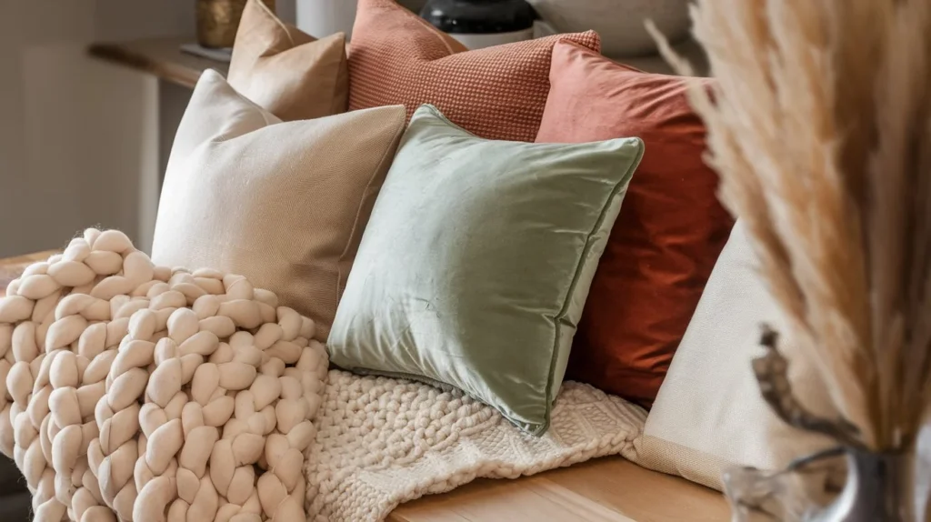 Plaids en laine et coussins velours pour salon