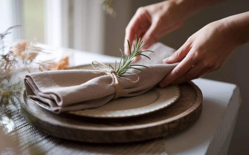 Pliage serviette lin avec ruban jute et romarin mariage rustique