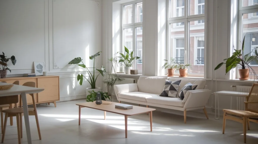 Salon style scandinave blanc et bois décoration nordique chaleureuse