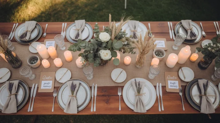 Table de mariage champêtre complète vue du dessus avec décoration naturelle lin jute et eucalyptus