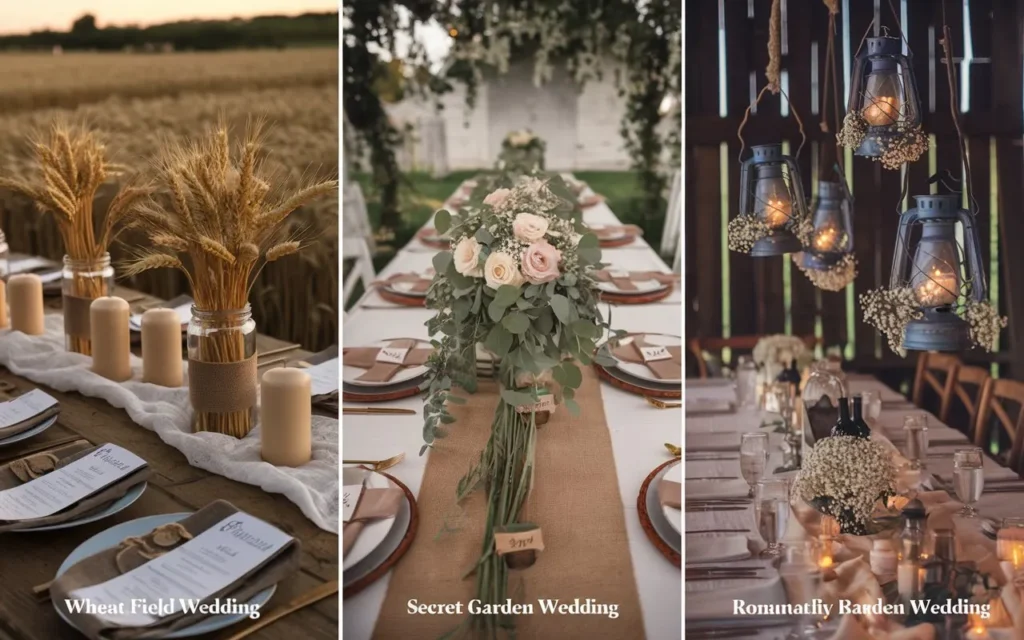 Trois styles de décoration table mariage champêtre blé doré, jardin secret et grange romantique