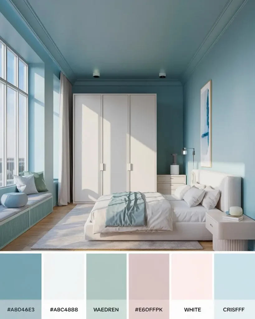 Chambre avec murs bleu glacier et décoration moderne pour effet d'agrandissement (1)