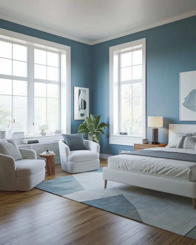 Chambre avec murs bleu glacier et décoration moderne pour effet d'agrandissement , couleur choisir pour agrandir une pièce