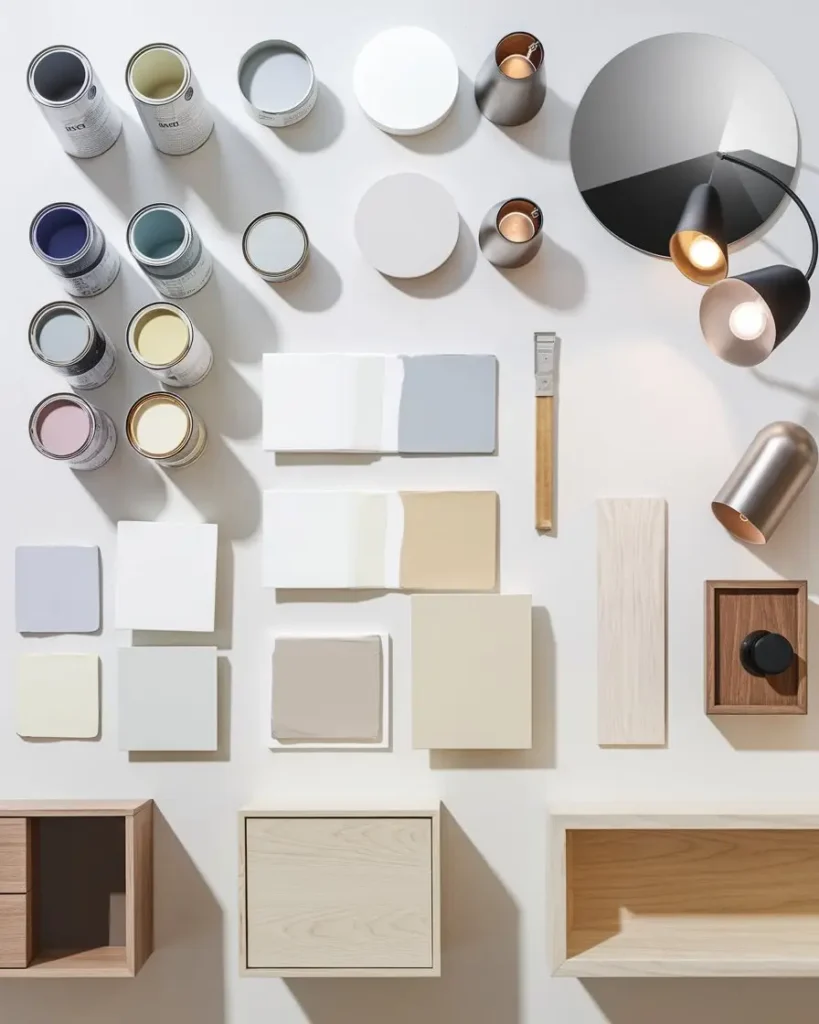 Disposition de produits déco pour agrandir l'espace peintures, miroirs, luminaires couleur choisir pour agrandir une pièce