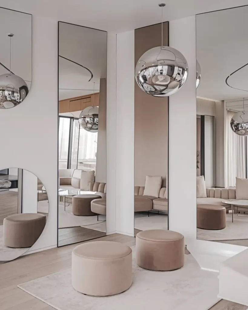 Miroirs ronds et rectangulaires agrandissant visuellement un salon moderne , couleur choisir pour agrandir une pièce