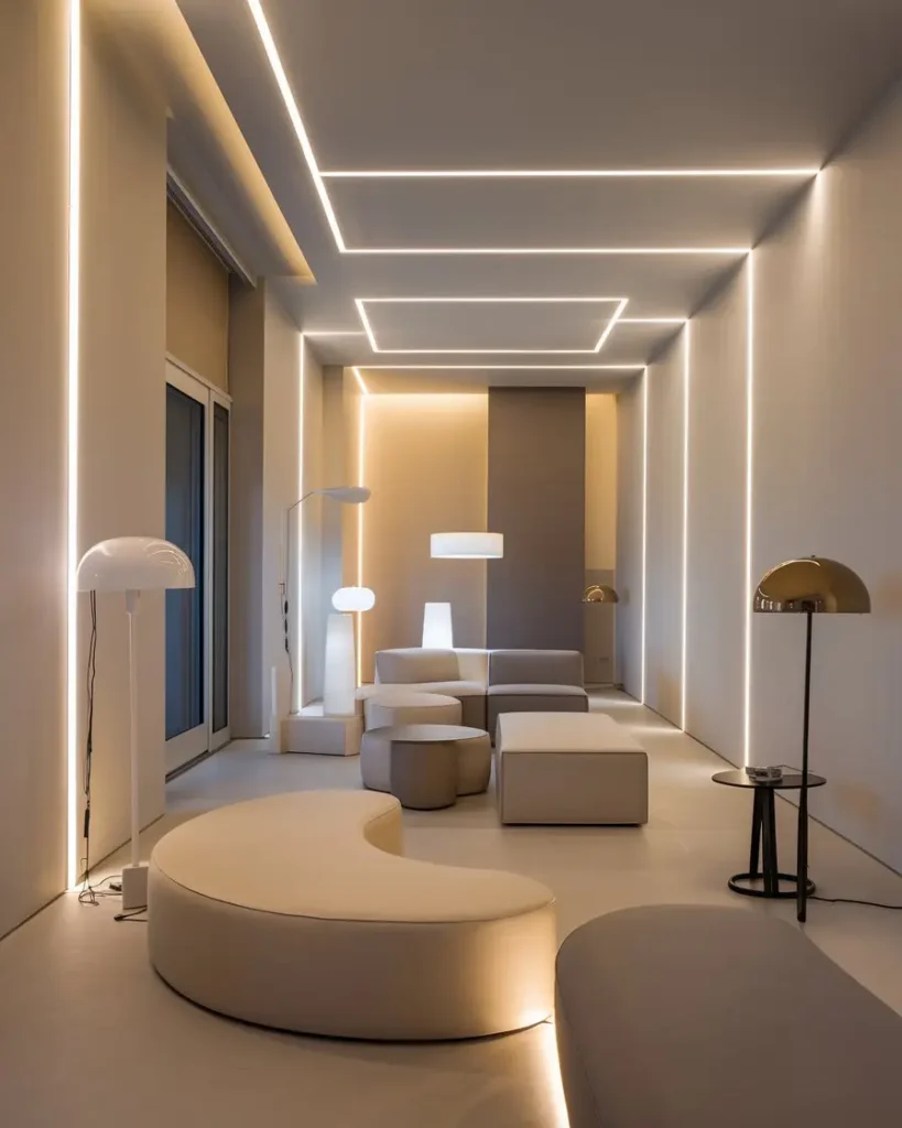 Salon avec éclairage multiple et tons clairs maximisant la luminosité, couleur choisir pour agrandir une pièce