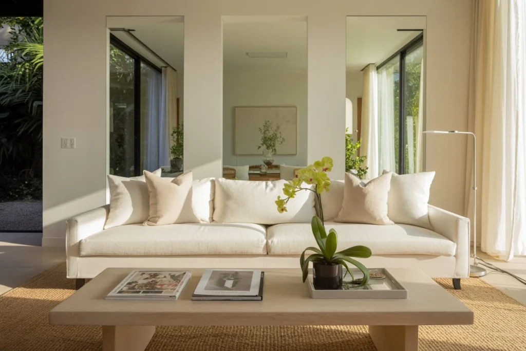 Salon moderne lumineux avec techniques d'agrandissement visuel par la couleur (1)
