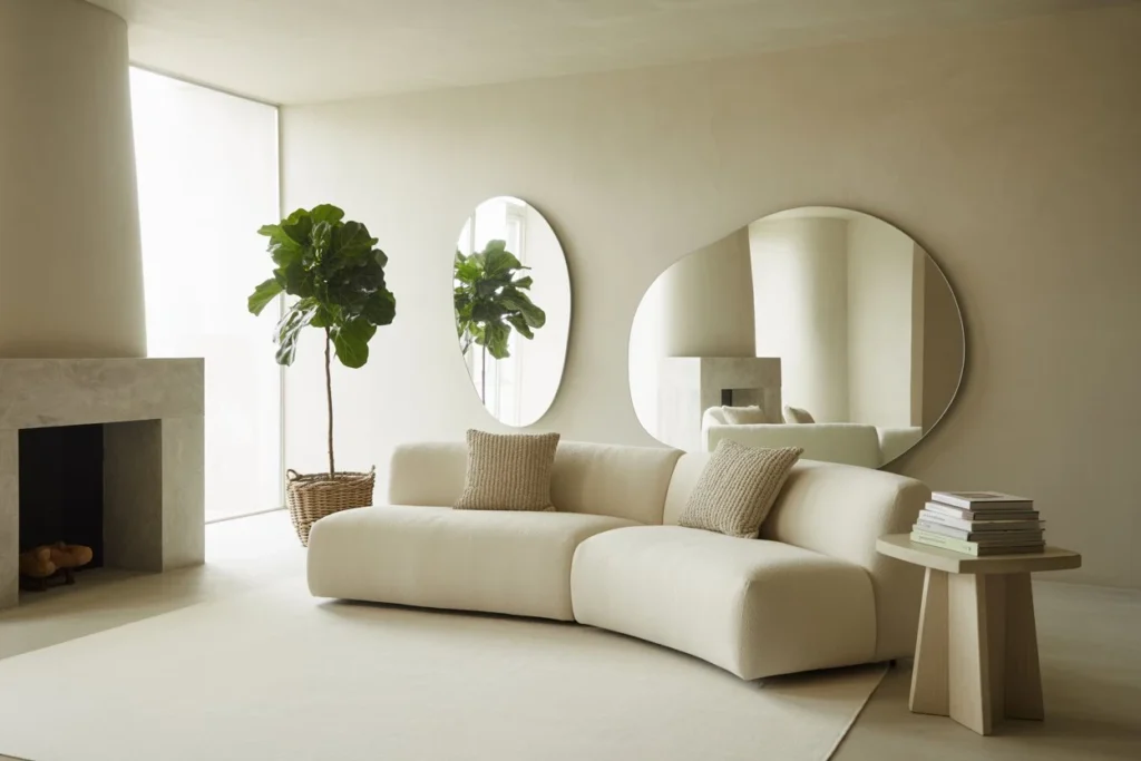 Salon moderne lumineux avec techniques d'agrandissement visuel par la couleur
