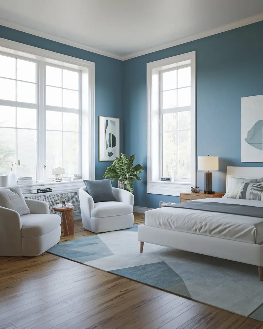Chambre avec murs bleu glacier et décoration moderne pour effet d'agrandissement