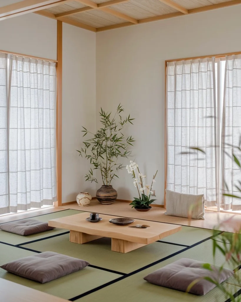 A serene uncluttered japandi living room