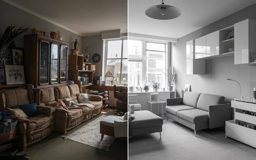 Petit salon 12m2 aménagé avec meubles gain de place scandinaves et lumineux