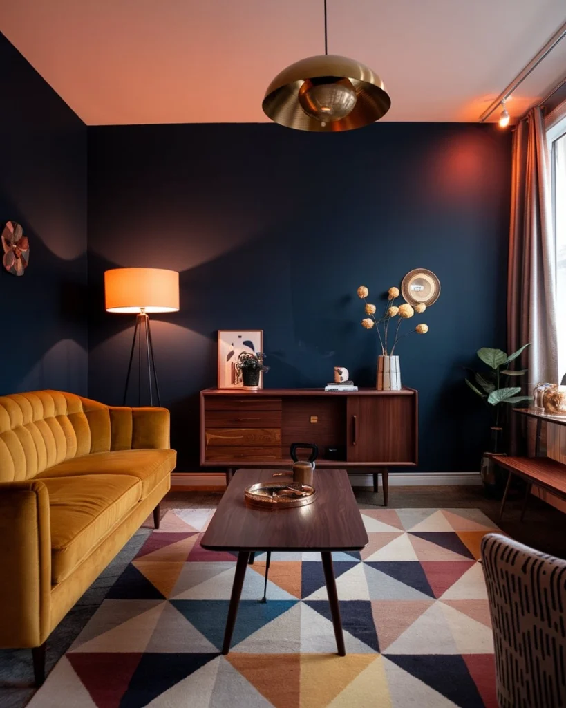 Palette couleurs salon 2026 rétro chic bleu marine moutarde bois foncé