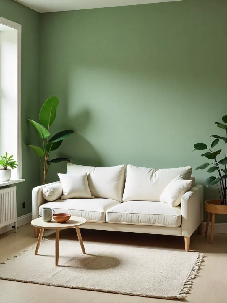 Salon apaisant vert sauge 2026 avec plantes et bois naturel