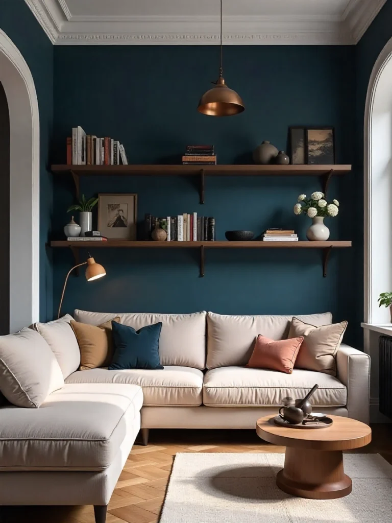 Salon classique bleu marine 2026 avec boiseries et cuivre