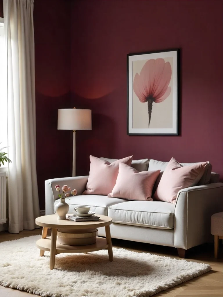 Salon cosy prune bordeaux 2026 avec canapé gris et or