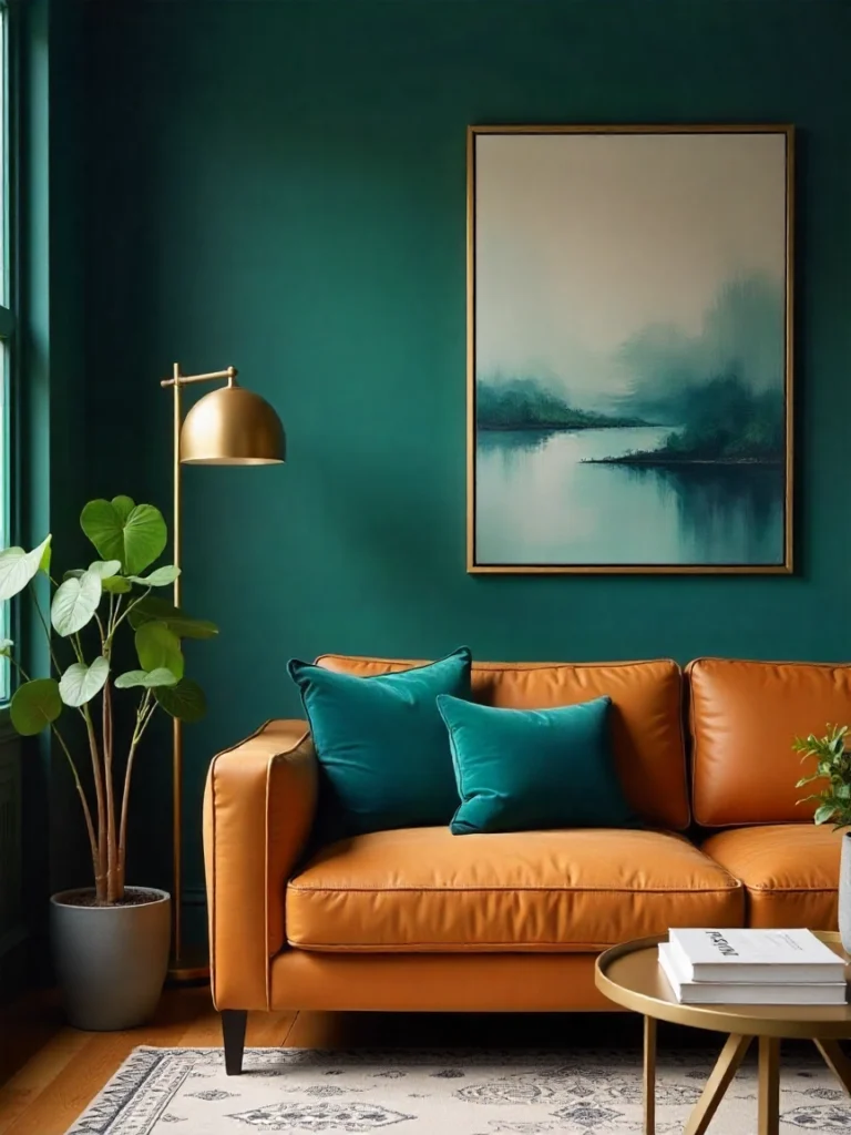 Salon élégant teal bleu canard 2026 avec velours et laiton