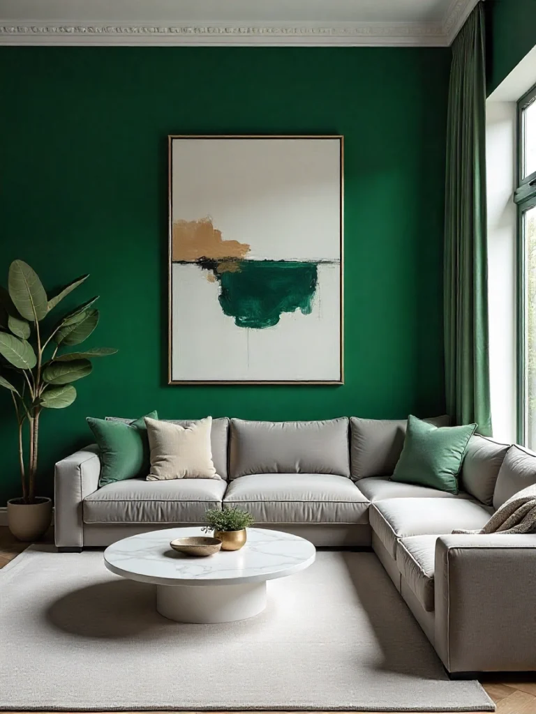 Salon luxueux émeraude smoky jade 2026 avec velours gris