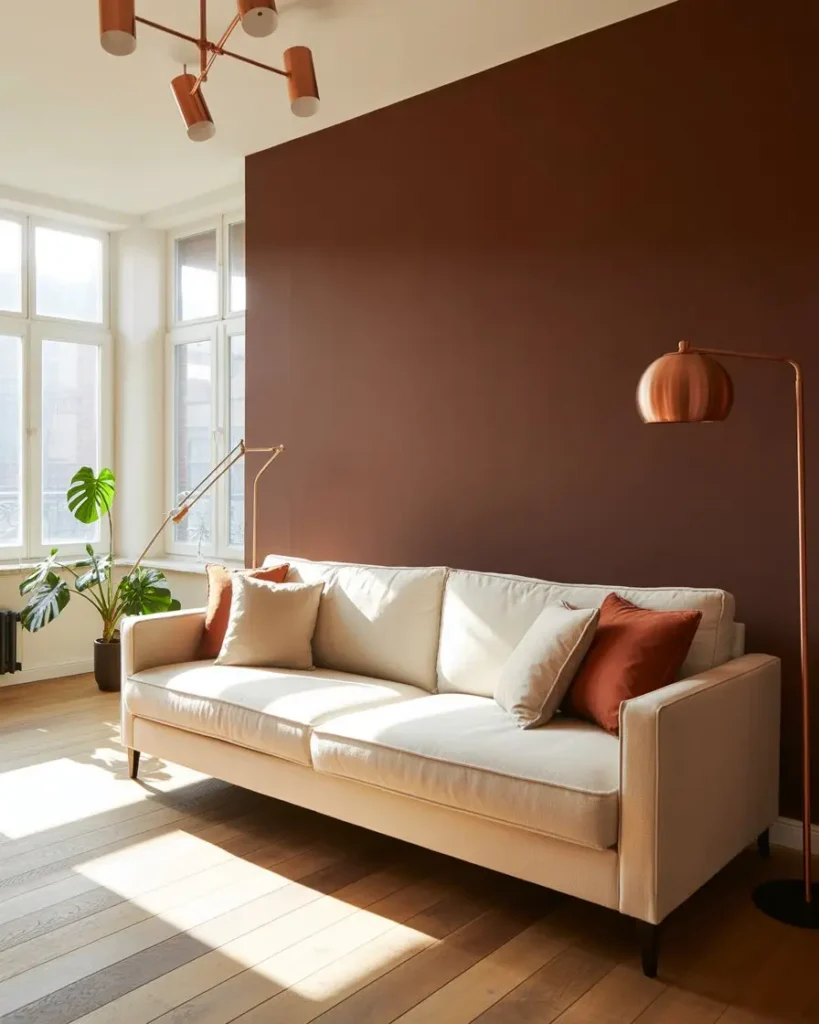 Salon moderne brun chocolat 2026 avec canapé beige et accents cuivre