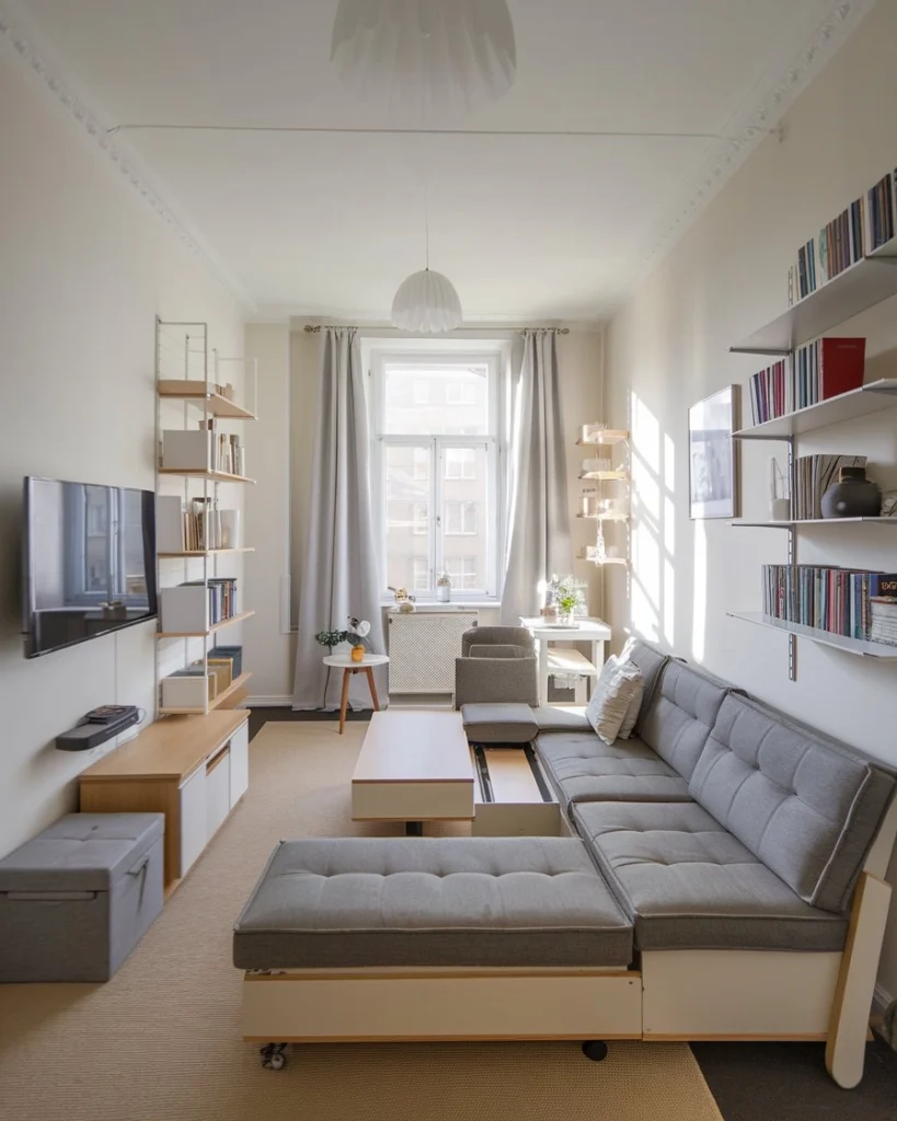 Aménagement complet petit salon 13m2 avec circulation fluide et meubles multifonctions