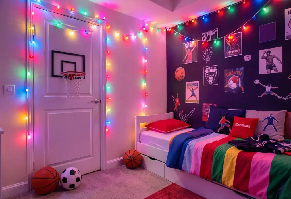 Personnalisation chambre enfant sport : tableau objectifs DIY, mur médailles créatif, coussins maillots recyclés et photos personnelles